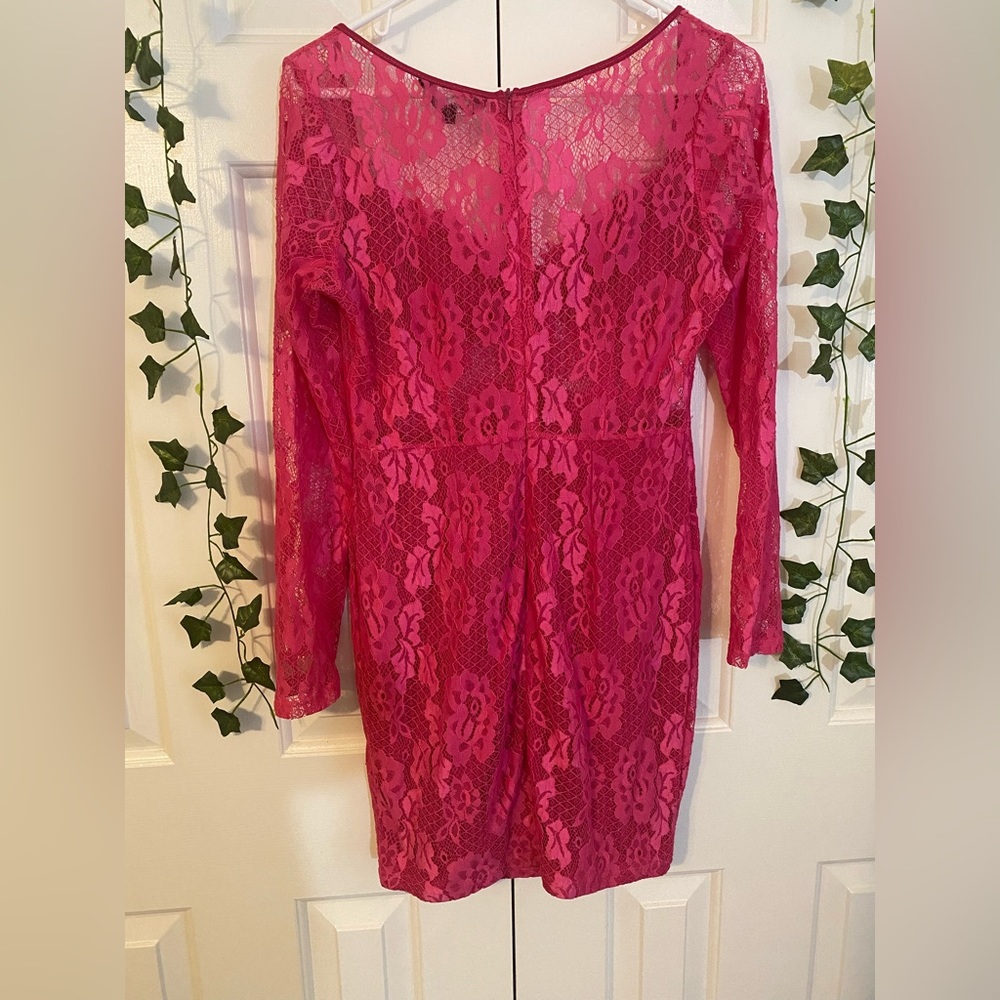Bustier Lace Mini Dress | Large | Hook-Eye Corset, Magenta, Floral Lace - Picture 14 of 15